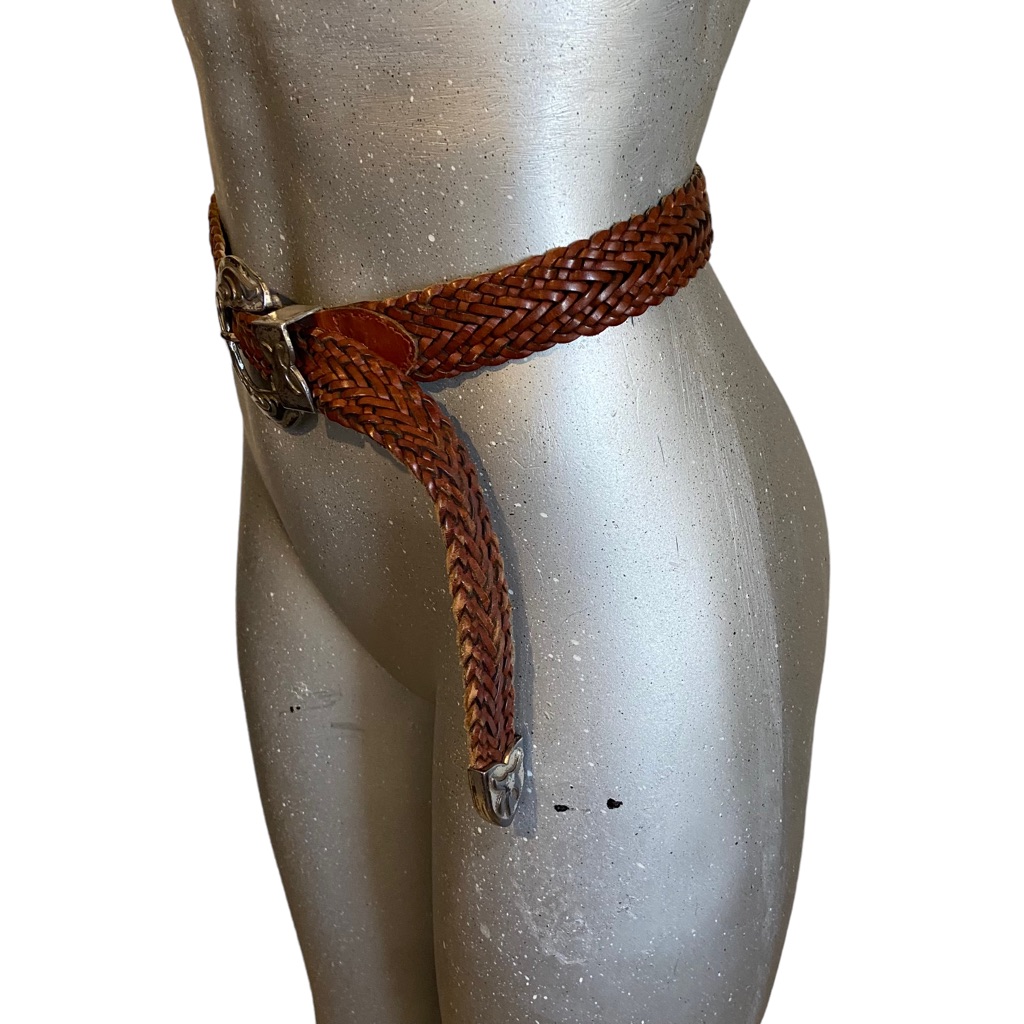 Vintage 90s Leather Braided Woven Western Belt Brown Rodeo Y2k Boho Cottagecore